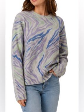 Betta Italy Mohair Alpaca Sweater 1X Abstract Zebra Print Fuzzy Knit Blue Green